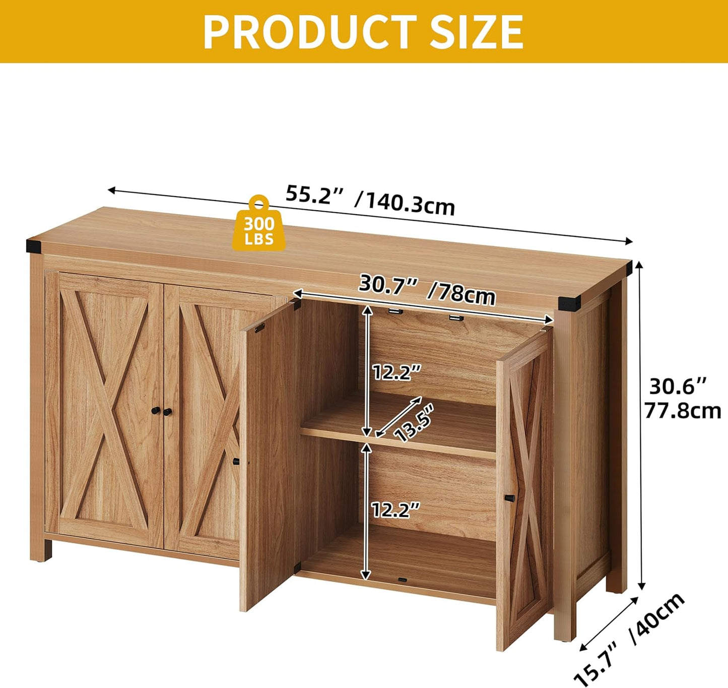 DWVO 55'' Sideboard Buffet Cabinet with Storage, Farmhouse Kitchen Storage Cabinet with Doors, Large Coffee Bar Cabinets with Adjustable Shelves for Kitchen, Living Room, Oak