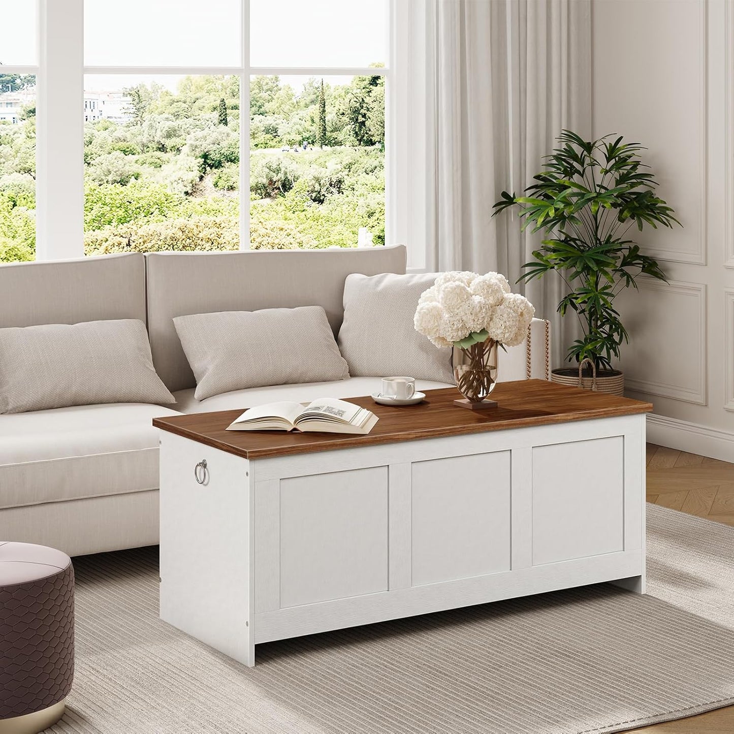 HOOBRO Storage Bench, 43.3" Retro Wooden Storage Chest, Wooden Storage Trunk, Toy Chest with Lift Top, Multifunctional Entryway Organizer, for Entryway, Living Room, White and Walnut WH411CW01