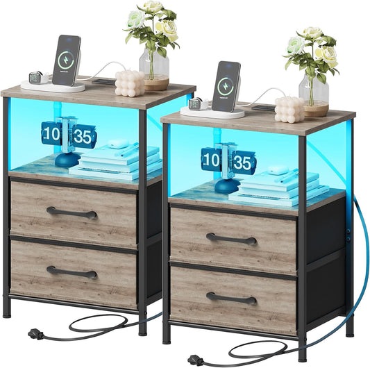 Nightstands Set of 2, Night Stand with Charging Station and Led Lights, Bedside Table with 2 Fabric Drawers for Bedroom, Small Side End Table with Open Shelf, Greige