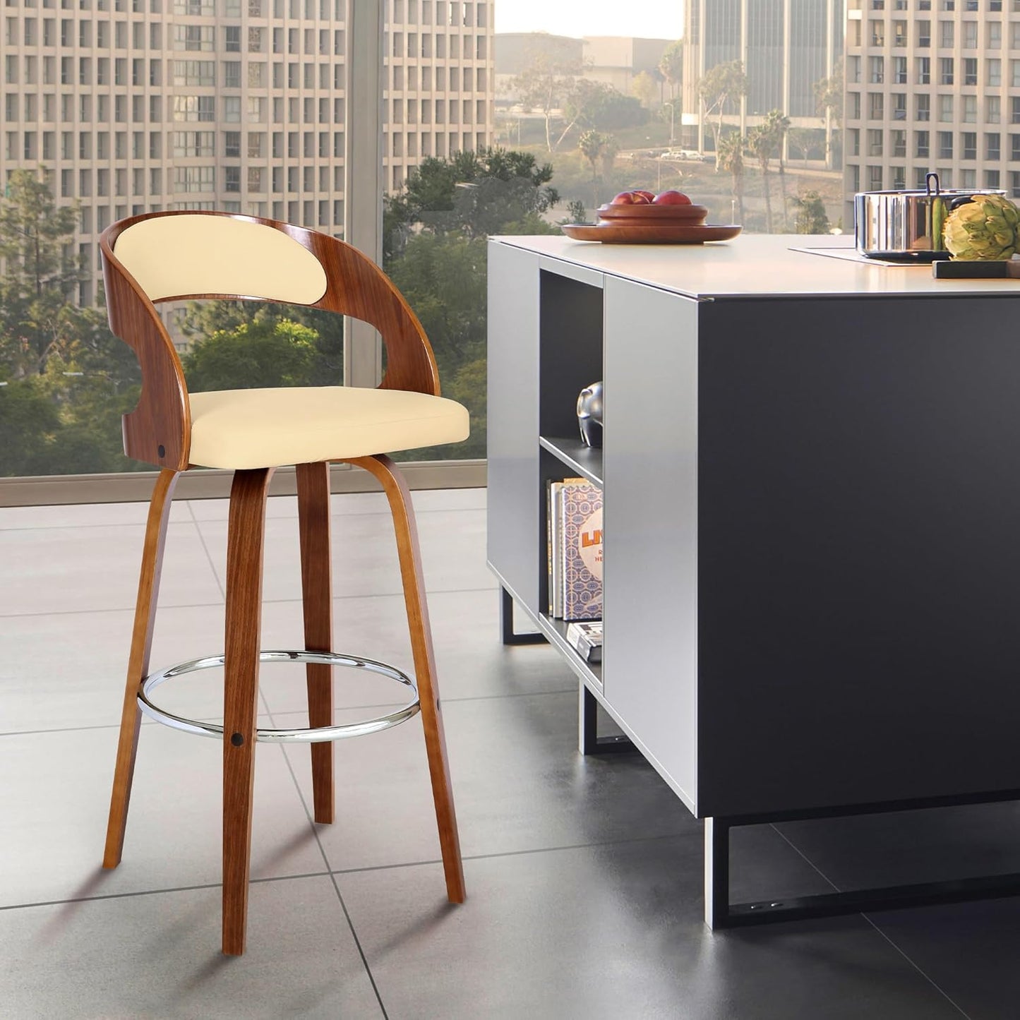 Armen Living Shelly 30" Bar Height Swivel Cream Faux Leather and Walnut Wood Bar Stool - Set of 2