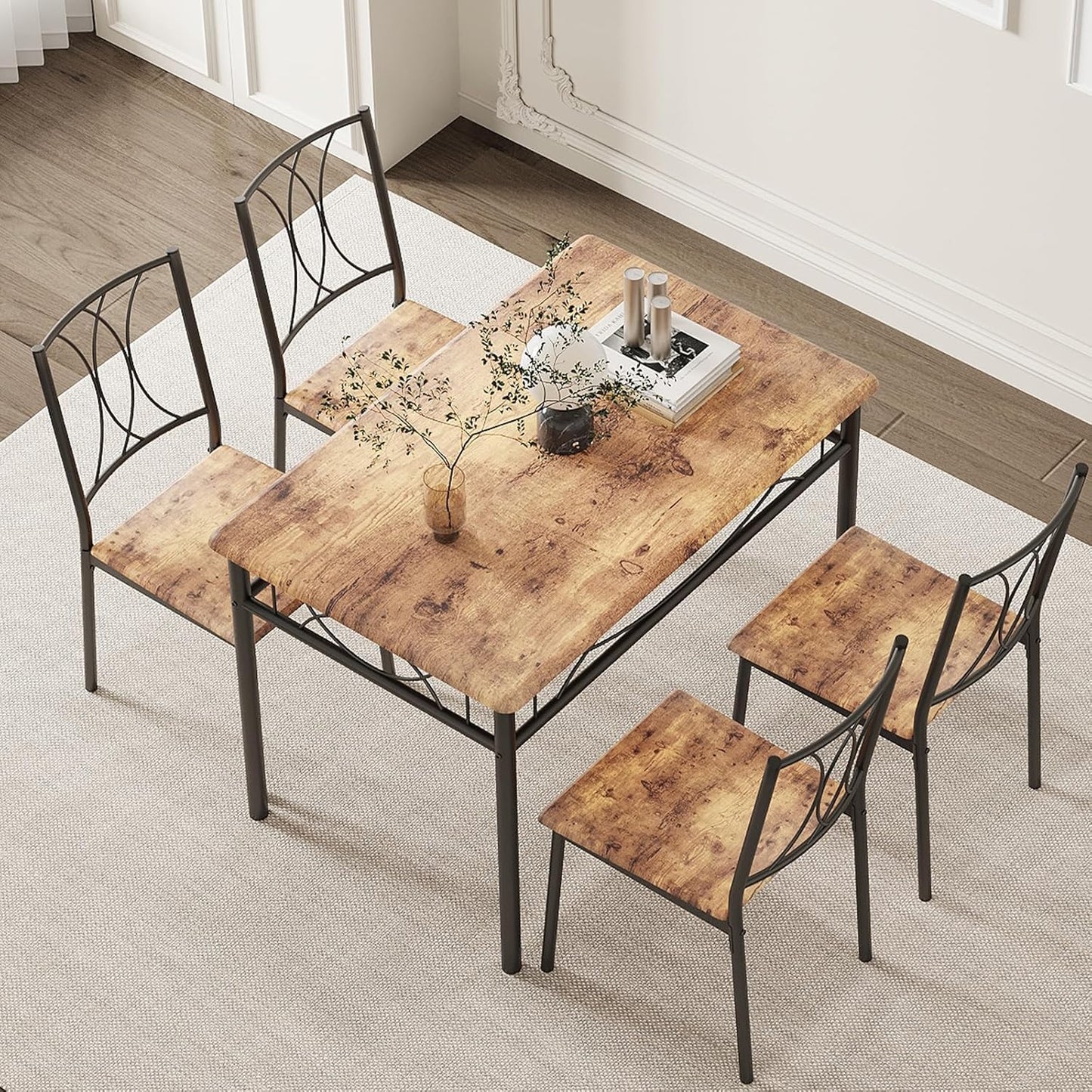 IDEALHOUSE Dining Table Set for 4, Kitchen Table and Chairs Set for 4, Rectangular Kitchen Table Set, 5 Piece Small Dining Table Set with Wood Chairs for Apartment, Small Space, Retro Brown