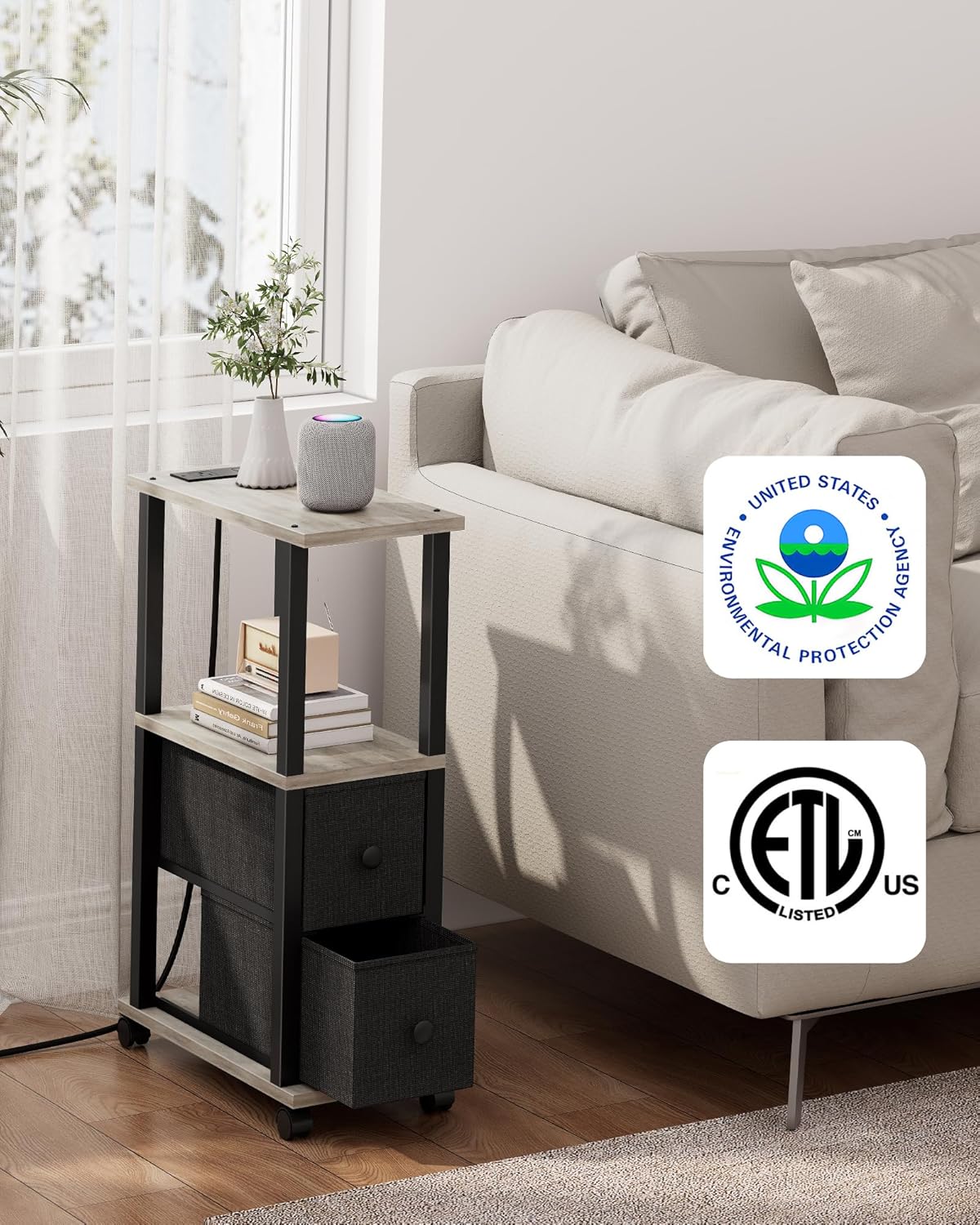 TUTOTAK Small Narrow End Tables, LED Side Tables with 2 Fabric Drawers, Set of 2, Bedside Tables with Charging Station for Small Spaces, Slim Nightstands with USB Ports and Wheels, TB01BG053L