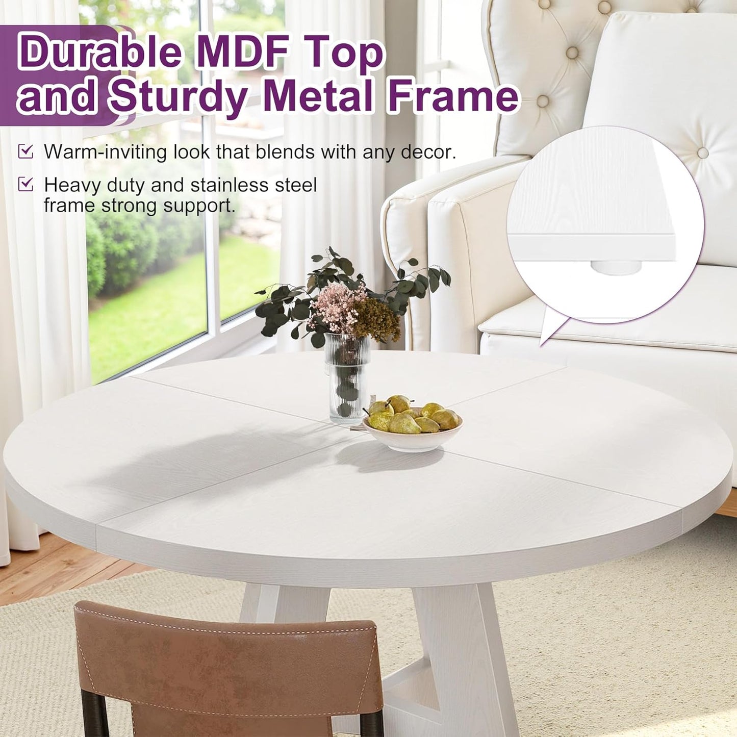 Round Dining Table for 4, 47" Wooden Kitchen Dinner Table Rustic, Farmhouse Table for Dining Room, Living Room, White