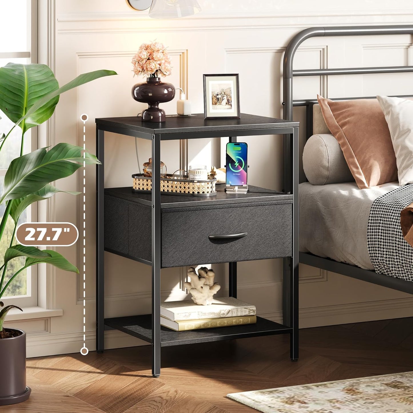 SUPERJARE Night Stand with Charger Station, 27.7 Inch Tall Nightstand with Adjustable Fabric Drawer, Bed Side Table, Fabric Drawer Dresser for Bedroom, Living Room, Black