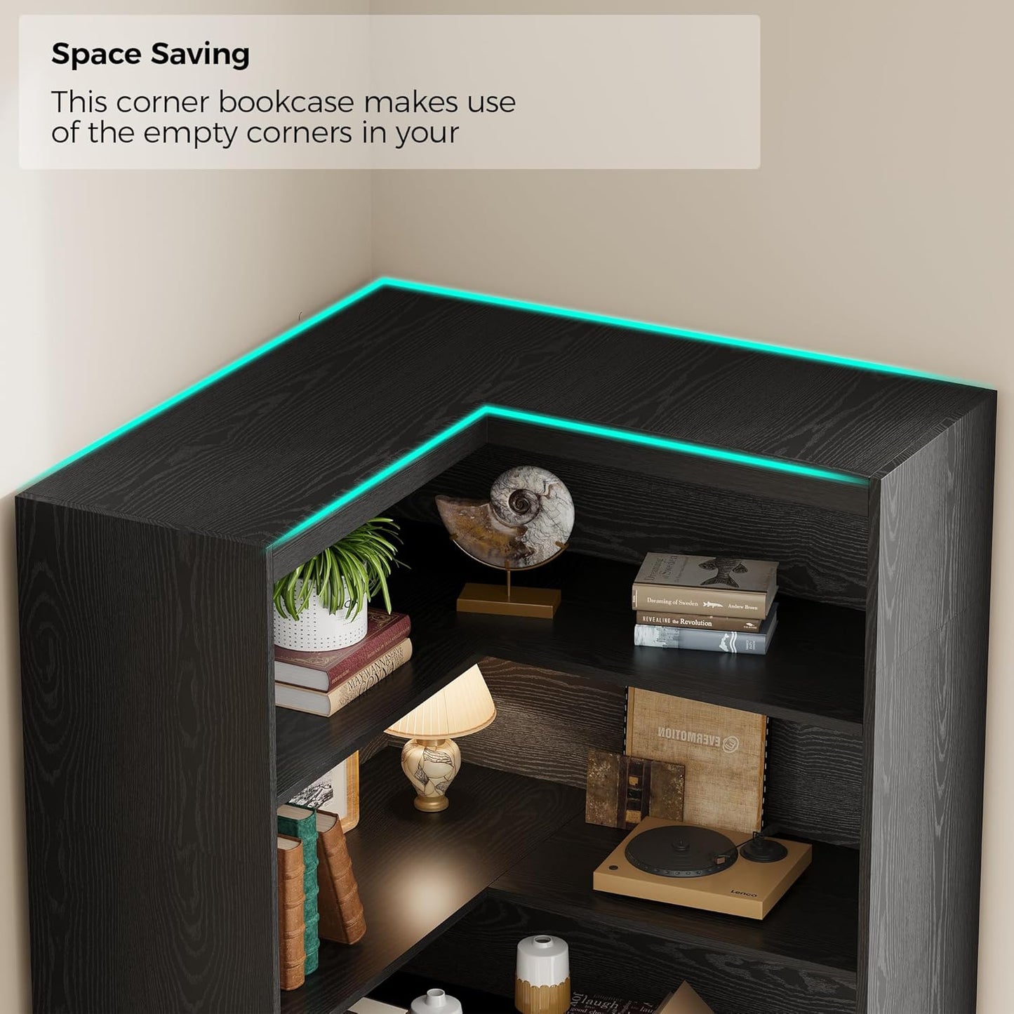 IRONCK Corner Bookshelf with Doors, 6 Tier Bookcase with Storage, Corner Shelf with Cabinet, Large Tall Bookshelf for Living Room, Home Office, Bedroom,Black