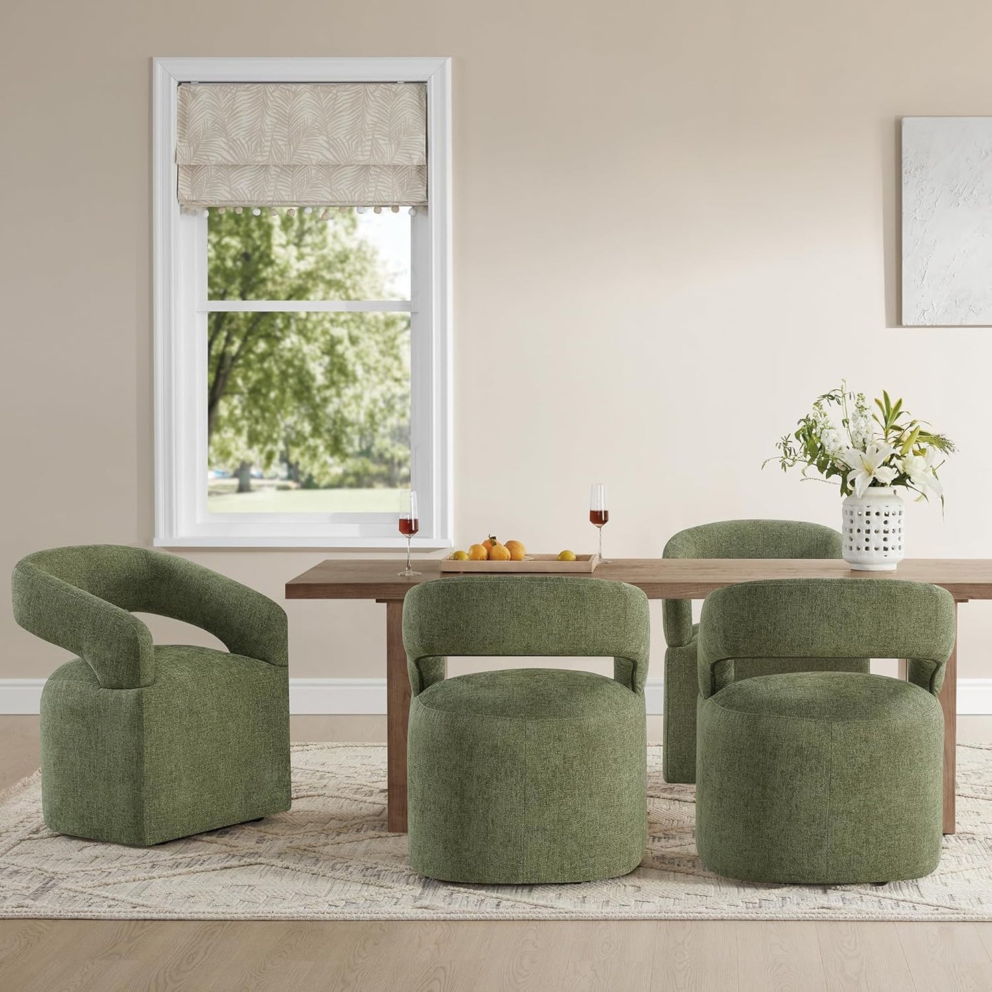 Upholstered Dining Chairs with Removable Casters Barrel Side Armchair with Rollers for Diningroom Bedroom Livingroom Reading Room, Green, 4PCS