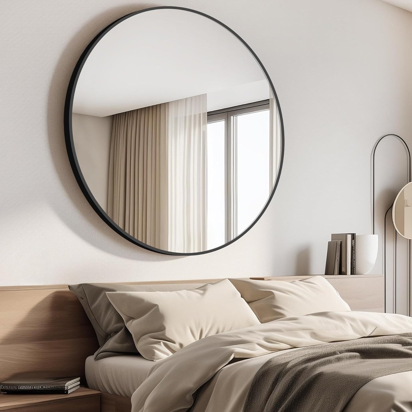 Black Round Mirror, 42 inch Large Circle Mirror, Aluminum Alloy Metal Frame Round Bathroom Mirror, Big Round Wall Mirror, Circle Mirrors for Wall Entryway Bedroom Living Room