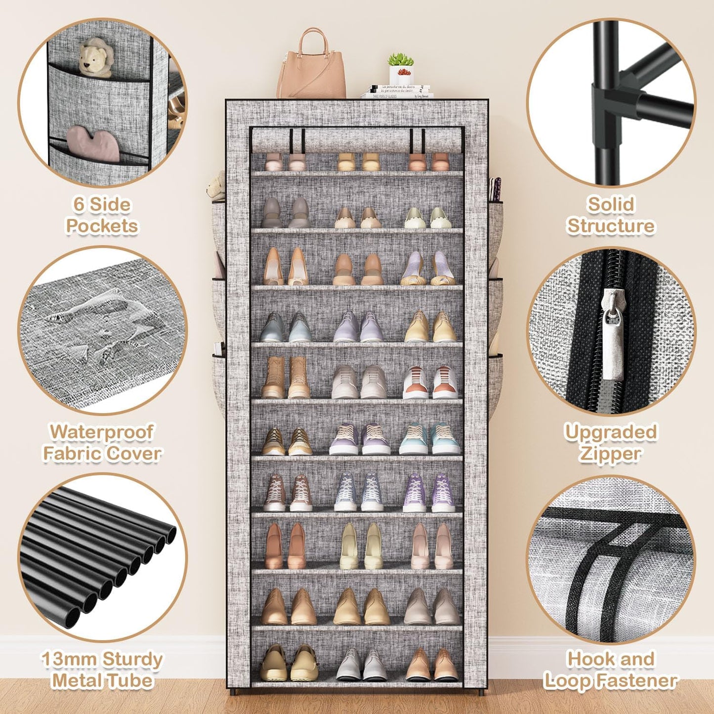 Covered Shoe Rack Tall Metal Shoes Rack Organizer for Entryway Garage Closet Tall Shoe Shelf Shoe Storage Cabinet Free Standing Large Garage Shoes Racks Organizer (23.6 L x 11.8W)