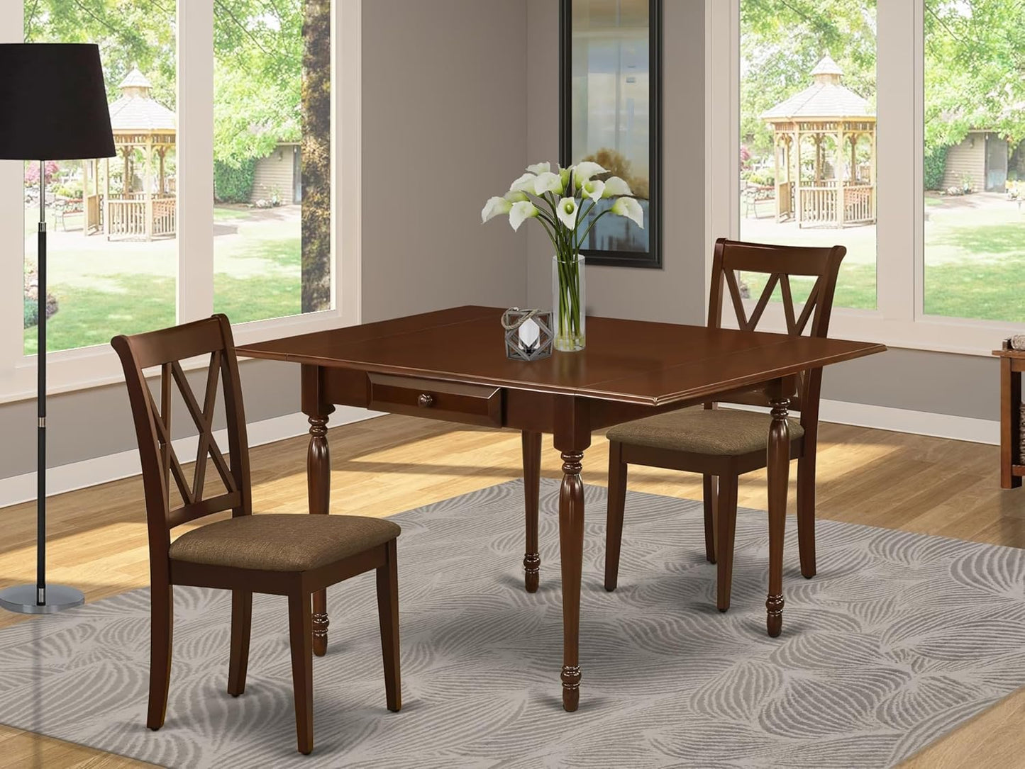 East West Furniture MZCL3-MAH-C 3 Piece Dining Table Set for Small Spaces Contains a Rectangle Dining Room Table with Dropleaf and 2 Linen Fabric Upholstered Chairs, 36x54 Inch, Mahogany