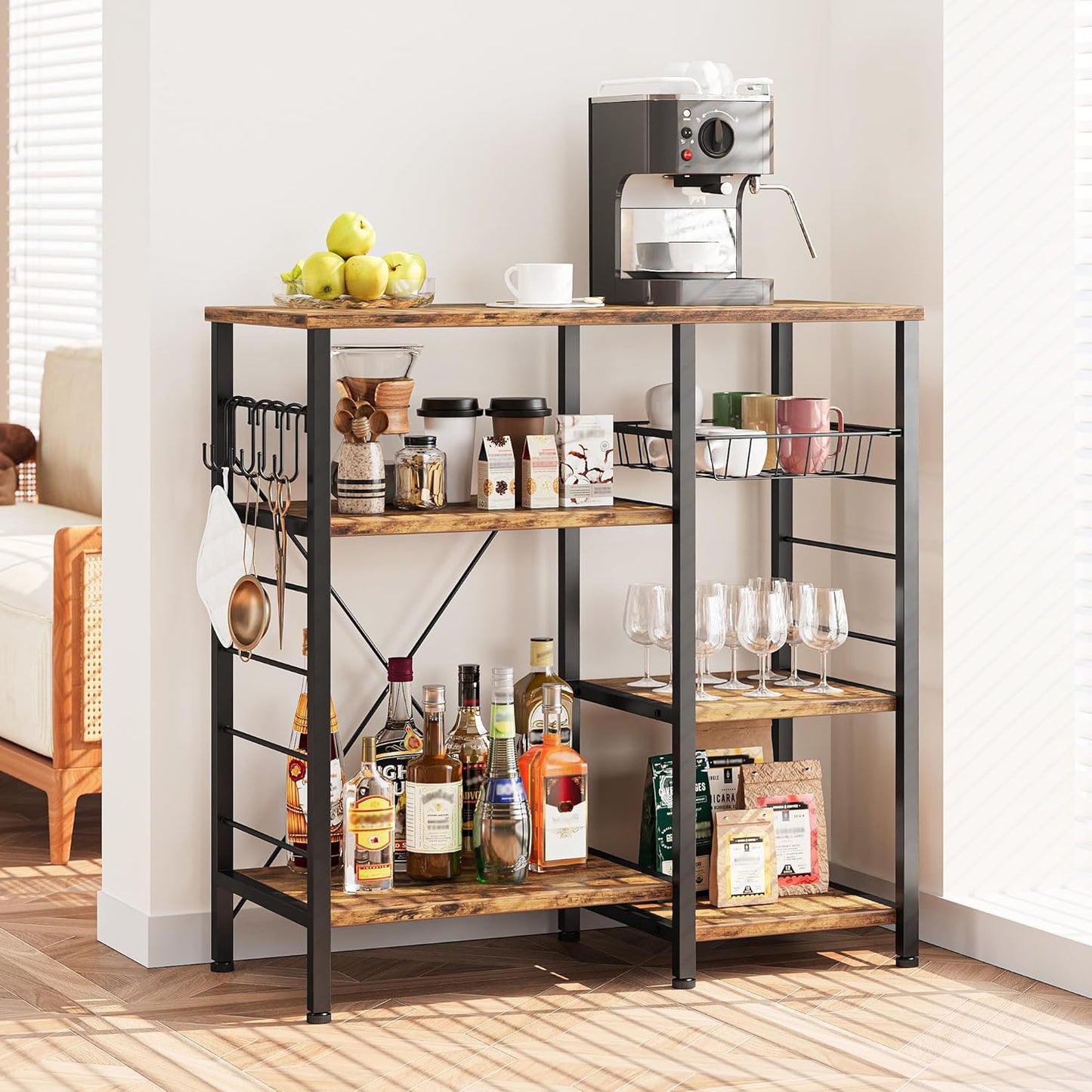 IRONCK Industrial Kitchen Baker’s Rack, Kitchen Island Utility Storage Shelf, Coffee Bar Microwave Stand with 6 Hooks, Metal Frame, Simple Assembly, Vintage Brown