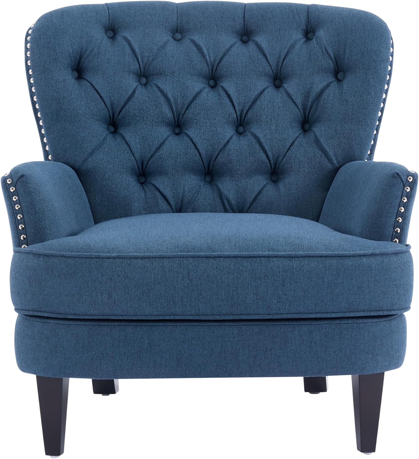 Ball & Cast Accent Chair,Mid-Century Lounge Living Room Chairs with Button Tufting,Upholstered Reading Accent Chair W/Solid Wood Legs and Curved Backrest,for Bedroom,Apartment,Navy Blue