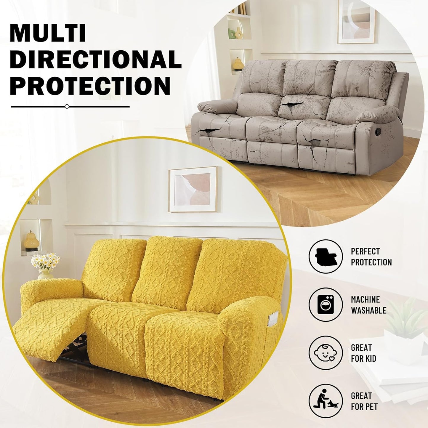 vctops 8 Pieces Geometric Jacquard Plush Recliner Sofa Covers Soft Fuzzy Fluffy 3 Seats Couch Cover Anti-Slip Sofa Slipcover Furniture Protector with Elastic Bottom for Kids Pet(Yellow,3 Seat)