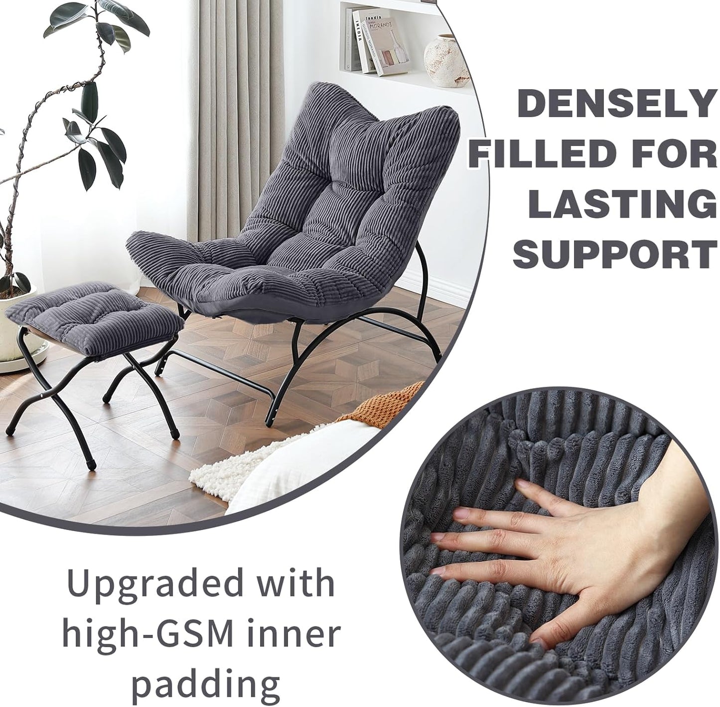 Welnow Accent Chair with Ottoman, Lounge Comfy Soft Leisure Metal Frame Reading Chair with Footrest, Upholstered Thick Cushion Seated Recliner Sofa for Living Room, Bedroom, Dorm, Dark