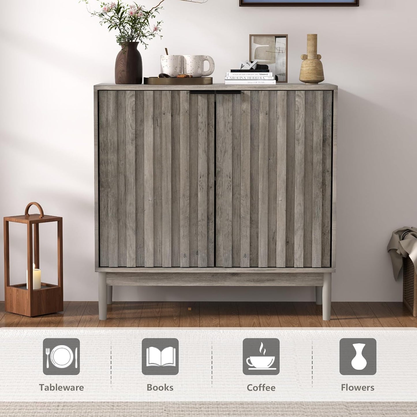 Fluted Cabinet with Storage, Small Buffet Cabinet Sideborad with Door, Kitchen Buffet Storage Accent Cabinets with Adjustable Shelves for Living Room, Entry, Hallway, Gray