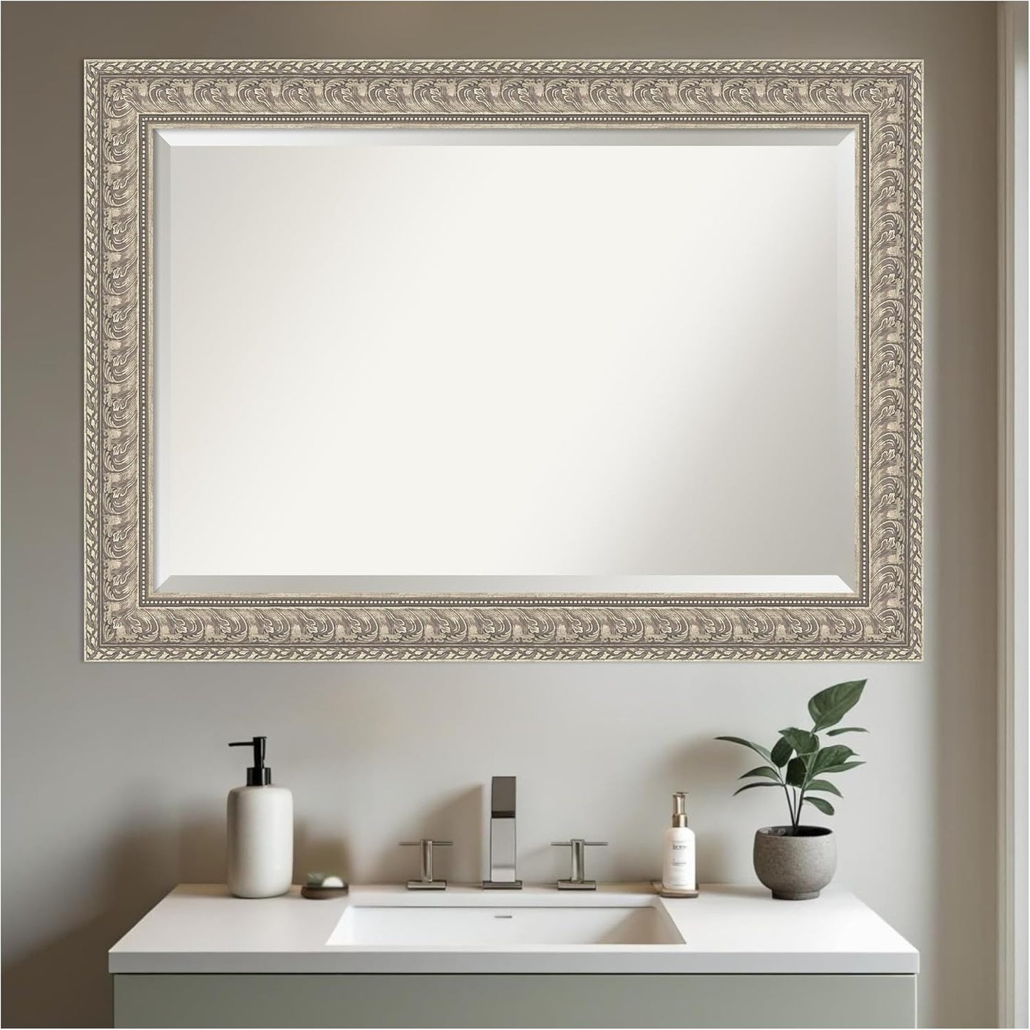 Amanti Art Silver Bathroom Mirror for Over Sink, 31x43 Sydney Silver Rectangle Vanity Mirror, Large Traditional Frame, Hangs Horizonally and Vertically, Bathroom Wall Decor, Beveled Edge