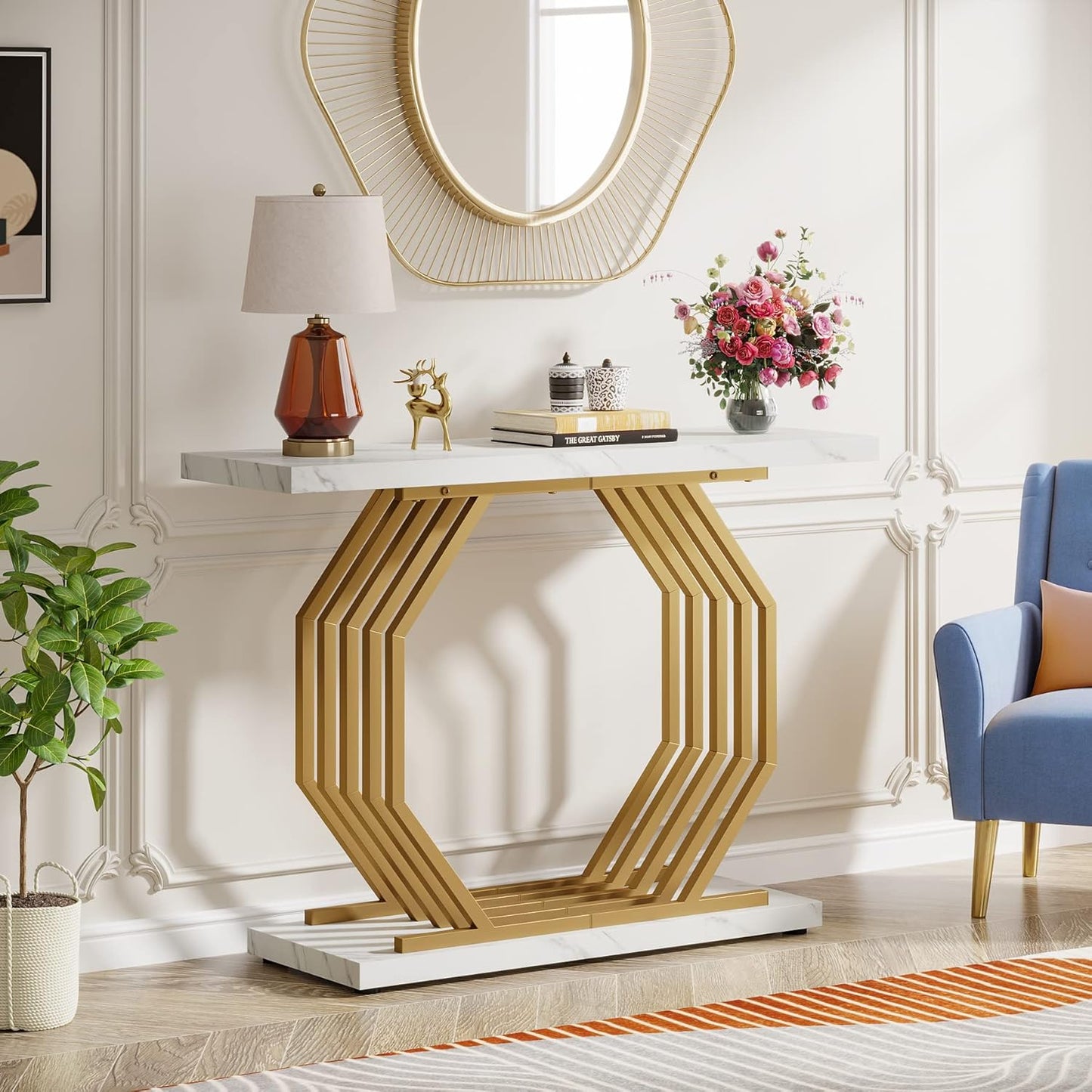 Tribesigns Gold Console Table, Faux Marble Entryway Table Narrow Sofa with Geometric Metal Base, 40 Inch Modern Accent Entrance for Living Room, Hallway, Foyer, White and Gold