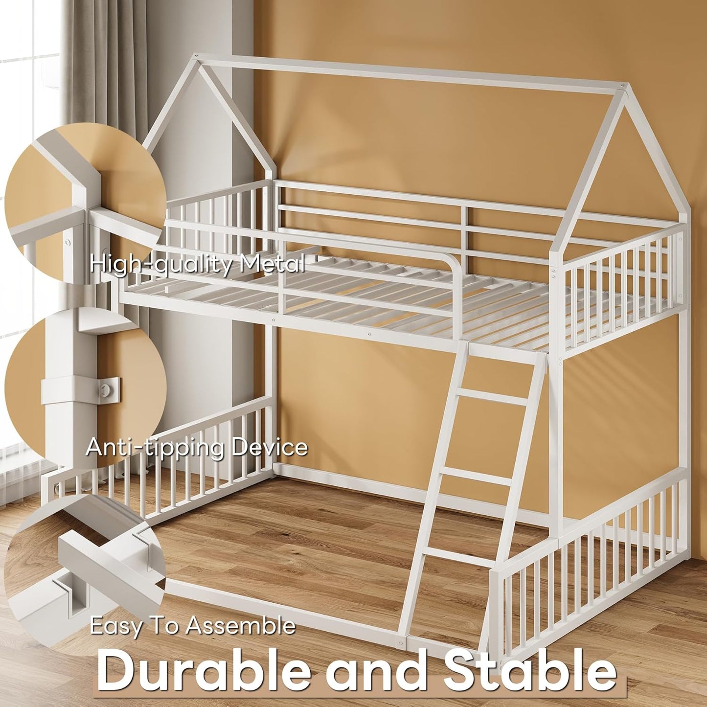 LIKIMIO Bunk Bed Twin Over Full Size, House Bunk Bed Frame with Ladder and Guardrail, House Shaped with Metal Slats Support No Box Spring Needed Space Saving for Bedroom and Dorm, White