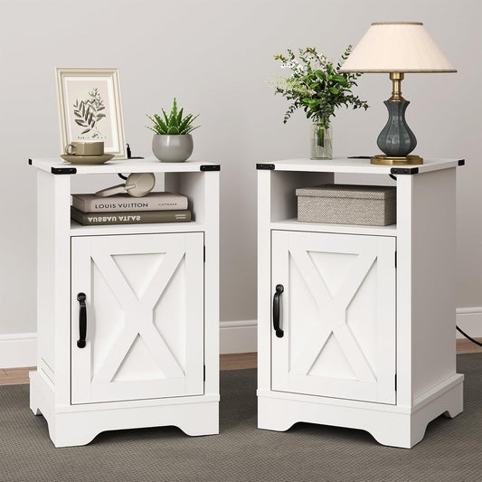 RoyalCraft Nightstand Set of 2, White End Table with Charging Station, Tall Farmhouse Bedside Table with Large Storage and Shelf, Wooden Side Table with for Bedroom, Home Office, White