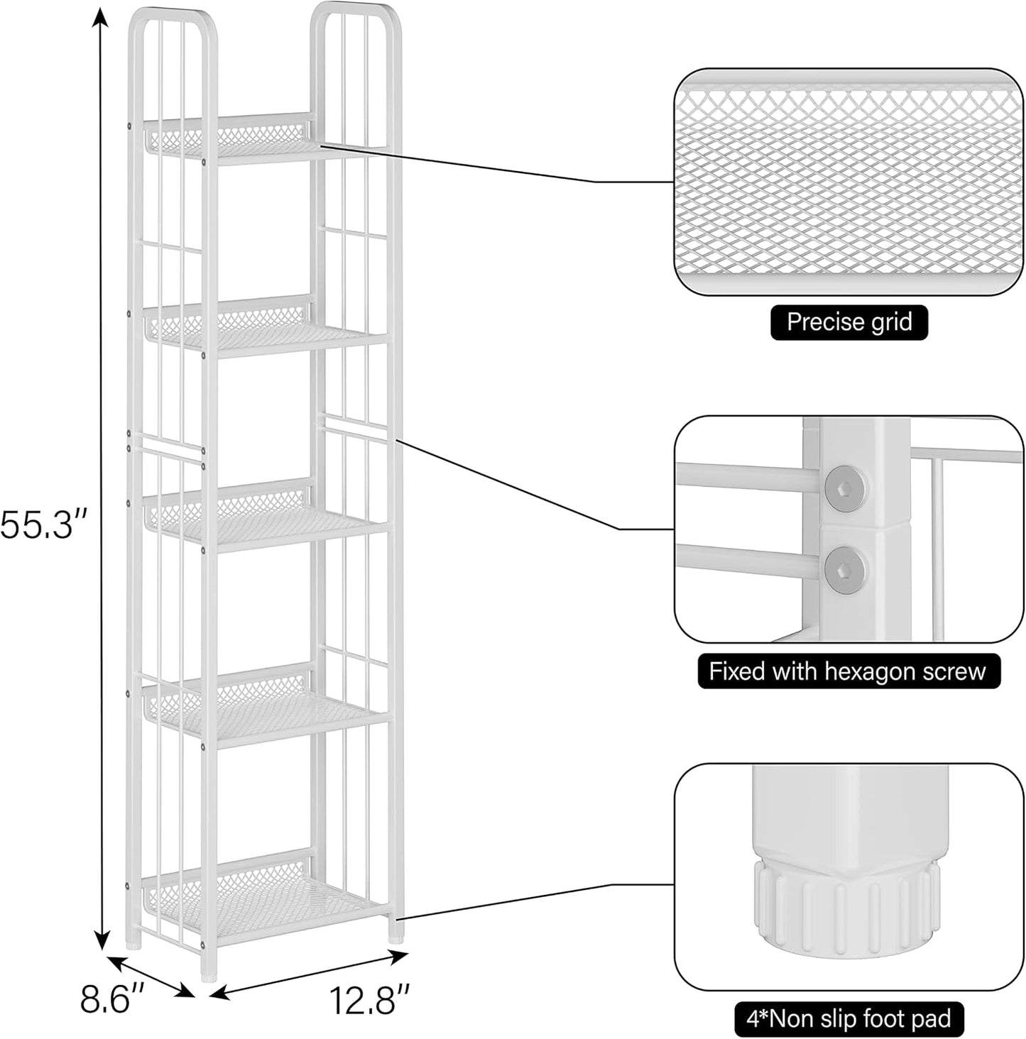 Bookshelf Storage Shelf Bookcase Freestanding Storage Stand for Living Room, Bedroom, Kitchen, Rust Resistance, Easy Assembly Free Combination Multi-Functional Organizer (5 Tiers,White)