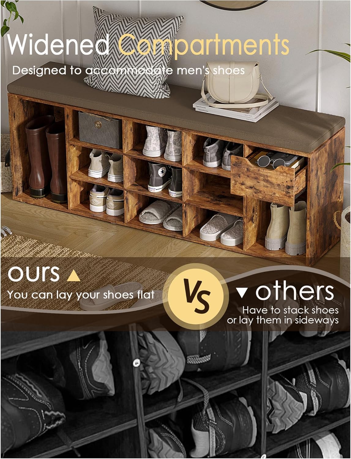 DINZI LVJ Shoe Bench, Entryway Storage Bench with Drawer and 14 Cubbies, Long Cubby Shoe Rack with Adjustable Shelves, Shoe Organizer for Living Room, Bedroom, Mudroom, Garage, Rustic Brown