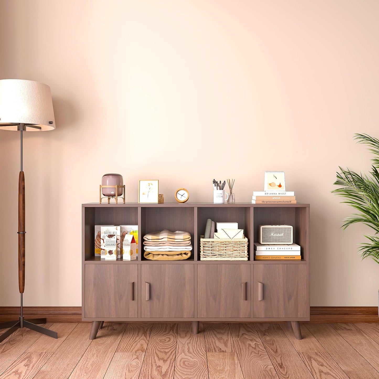 Cubby Shelf Bookcase with Doors - Wooden 8 Cubes Floor Standing Open Bookshelf with Solid Wood Legs, 2-Tier Low Storage Cabinet, Walnut