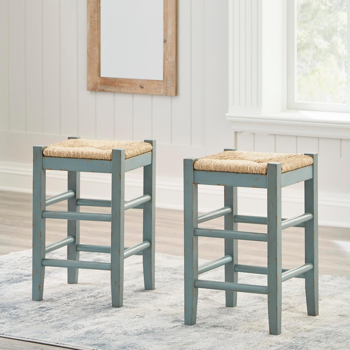Signature Design by Ashley Mirimyn Farmhouse 23.63" Counter Height Bar Stool with Woven Wicker Seats, 2 Count, Green & Light Brown