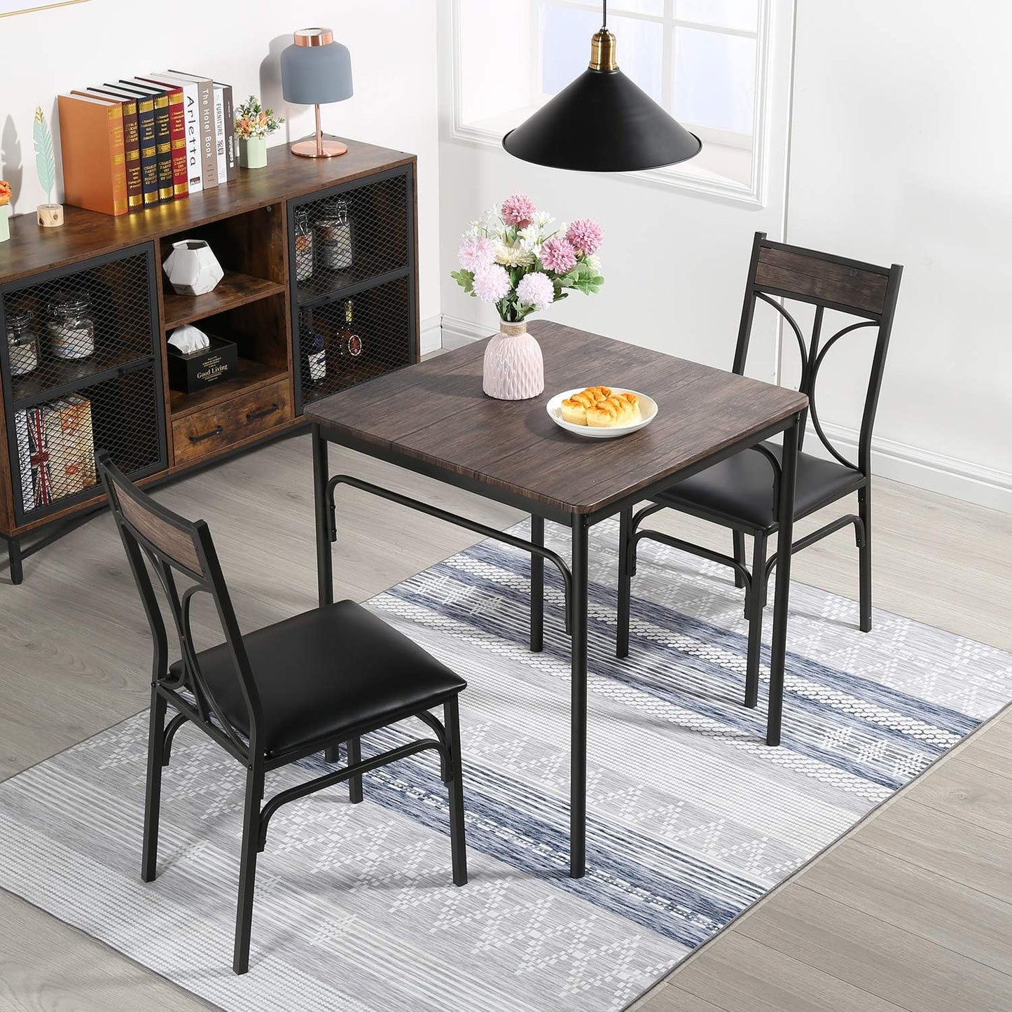 VECELO Kitchen Dining Room Table Set with 2 Chairs for Small Space, Apartment,Metal Steel Frame