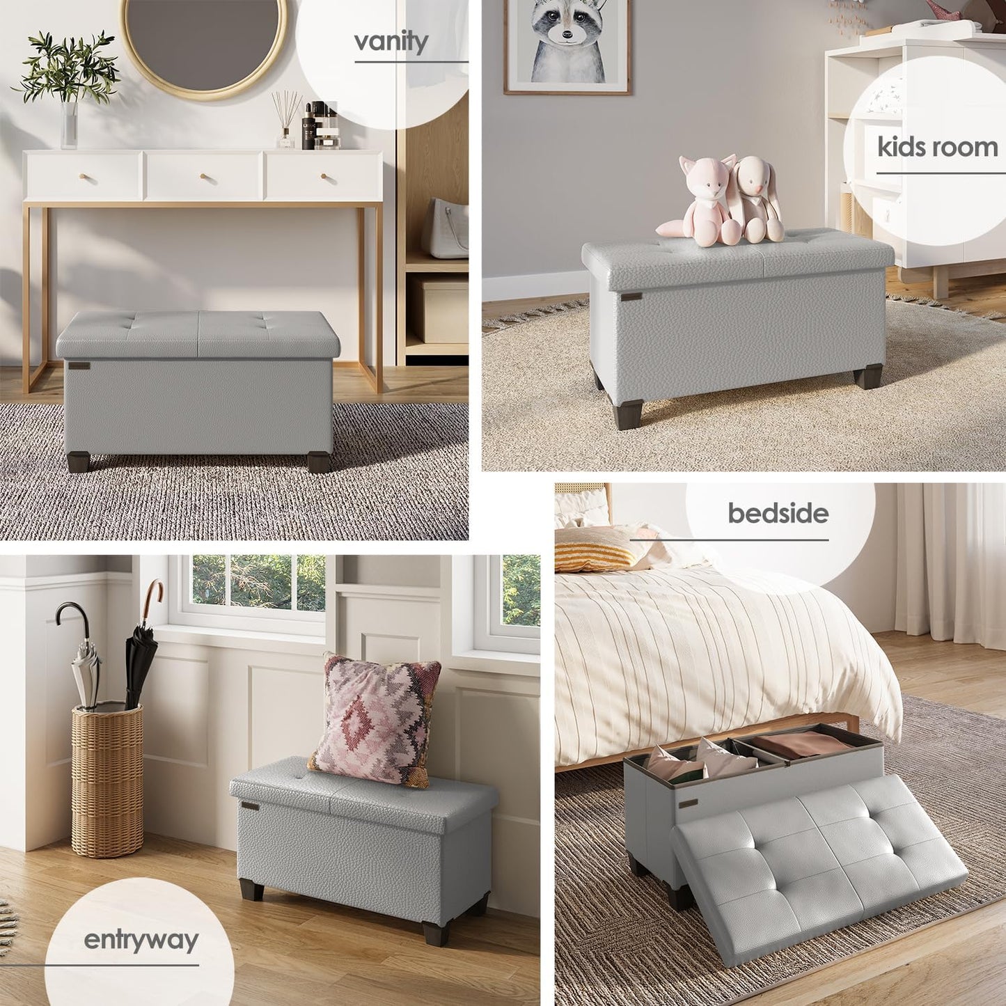 STORAGEBUD Storage Ottoman Bench with Bins, 30-in Storage Bench for Bedroom End of Bed, Folding Foot Rest Ottoman for Living Room Max 660lbs, Faux Leather Ottomans, Light Grey