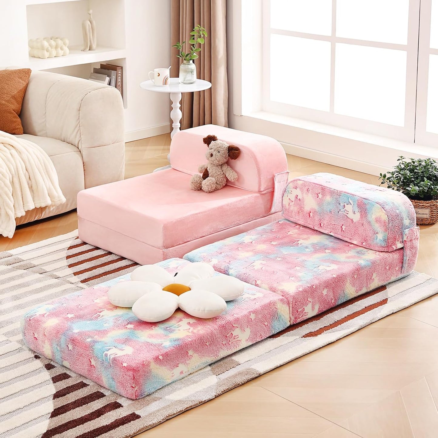 Tiita Folding Sofa Bed for Kids, Toddler Fold Out Couch with Removable Cover, Futon Sleeper Chair for Living Room, Guest Room, Pink