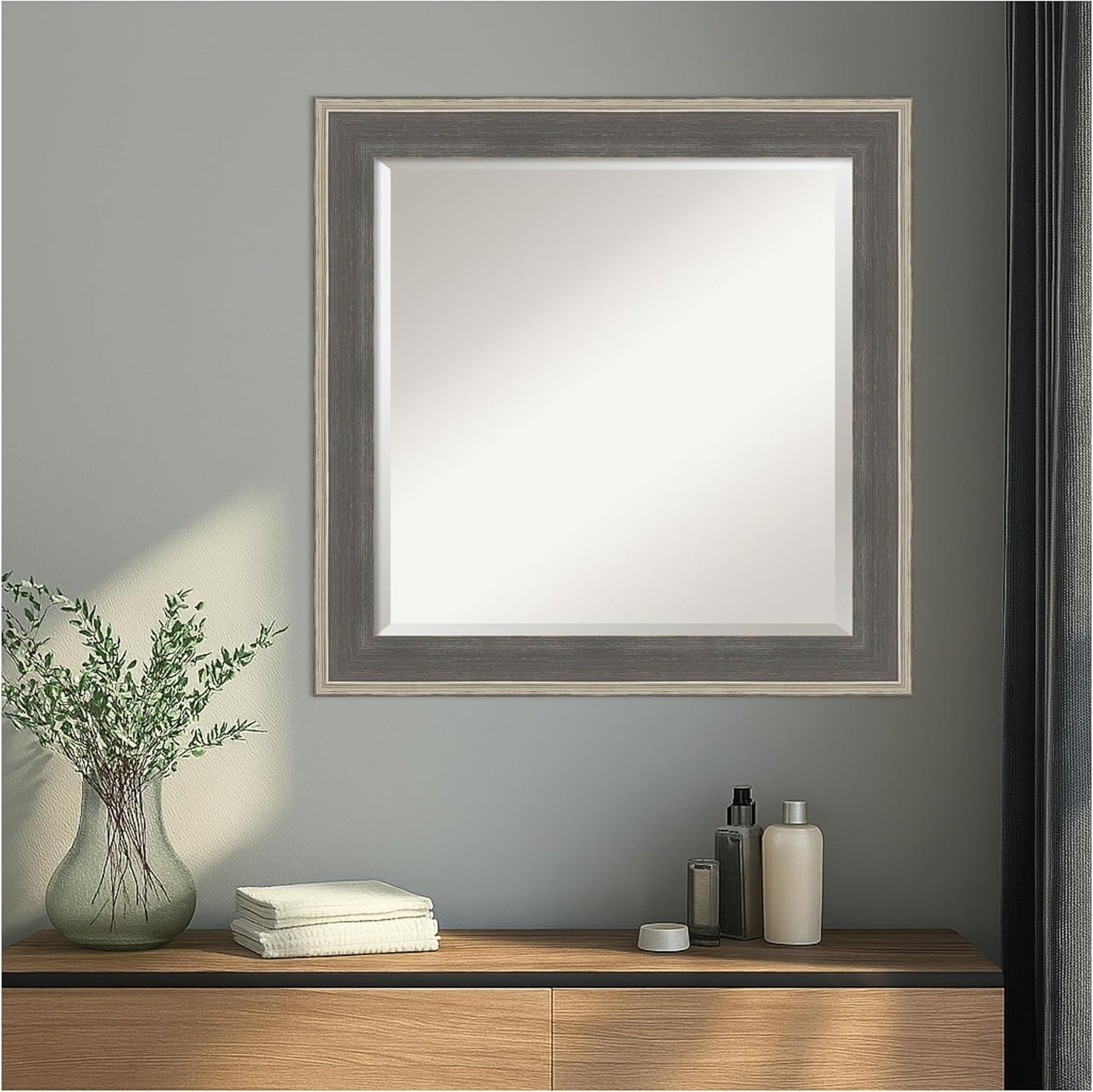 Amanti Art Grey Wall Mirror 25x25 Cottage Grey Silver Square Bathroom Mirror for Wall Decor Living Room, Medium Casual Wood Frame, Hangs Horizonally and Vertically, Bathroom Decor, Beveled Edge
