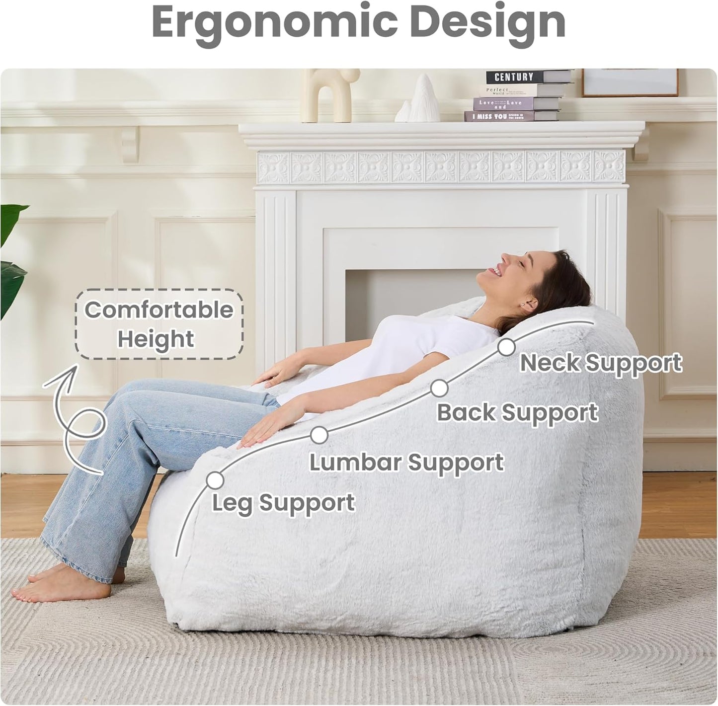 Bean Bag Chairs for Adults, Giant Beanbag Sofa Comfy Reading Chair, Oversized Bean Bag Chairs for Living Room Bedroom, Soft Faux Fur Fabric, 3.2FT, Light Grey, Plush