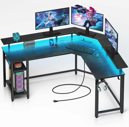 Rolanstar L Shaped Gaming Desk with LED Lights & Power Outlets, 46.2" Computer Desk with Full Monitor Stand & Storage Shelf, Corner Desk with Hooks, Black Desk Reversible