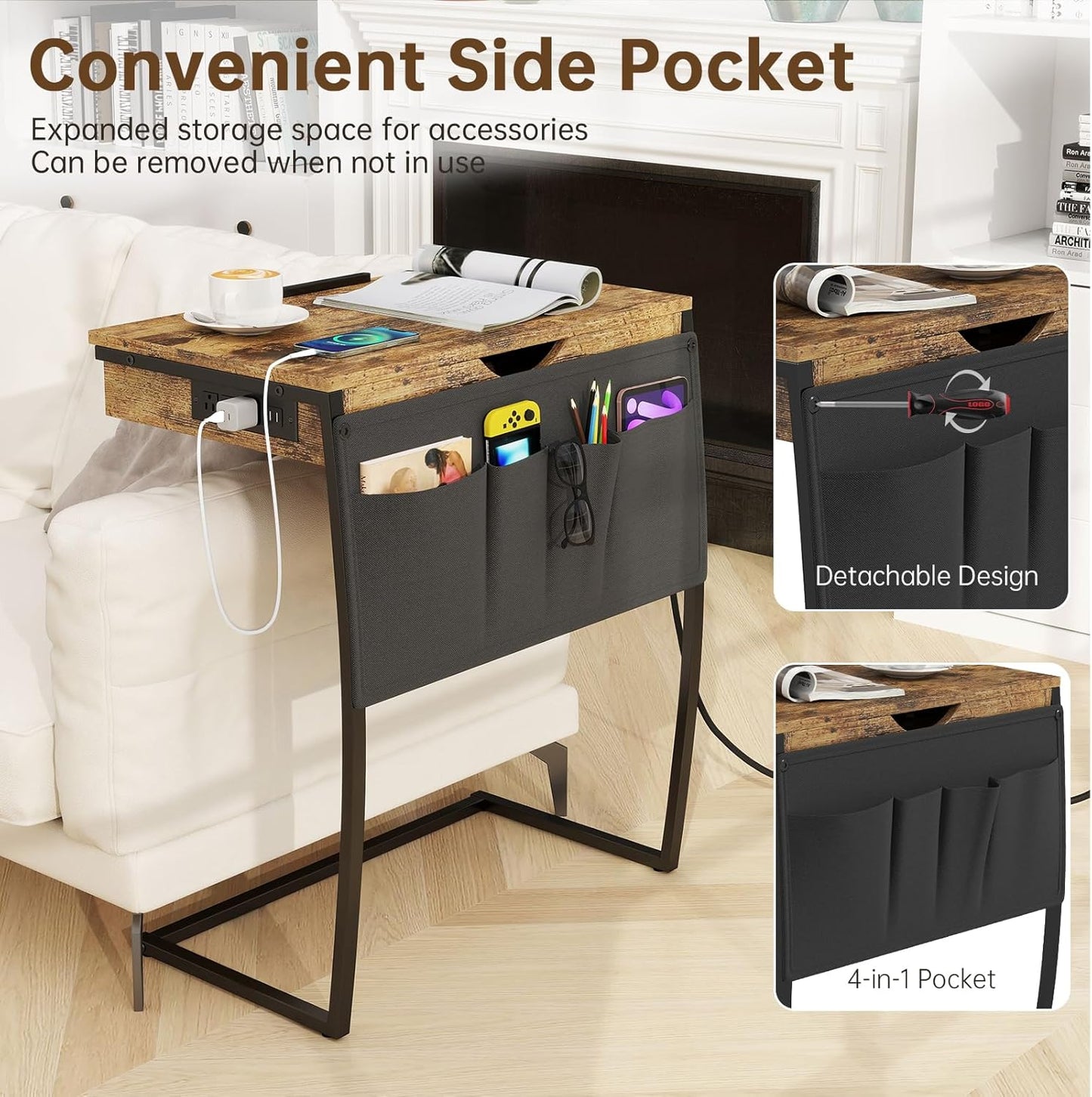 Hadulcet TV Tray Tables, Laptop Stand for Couch, C Shaped End Table with Charging Station, Couch Tables That Slide Under, Bed Desk for Eating, Couch Desk for Laptop, Rustic Brown