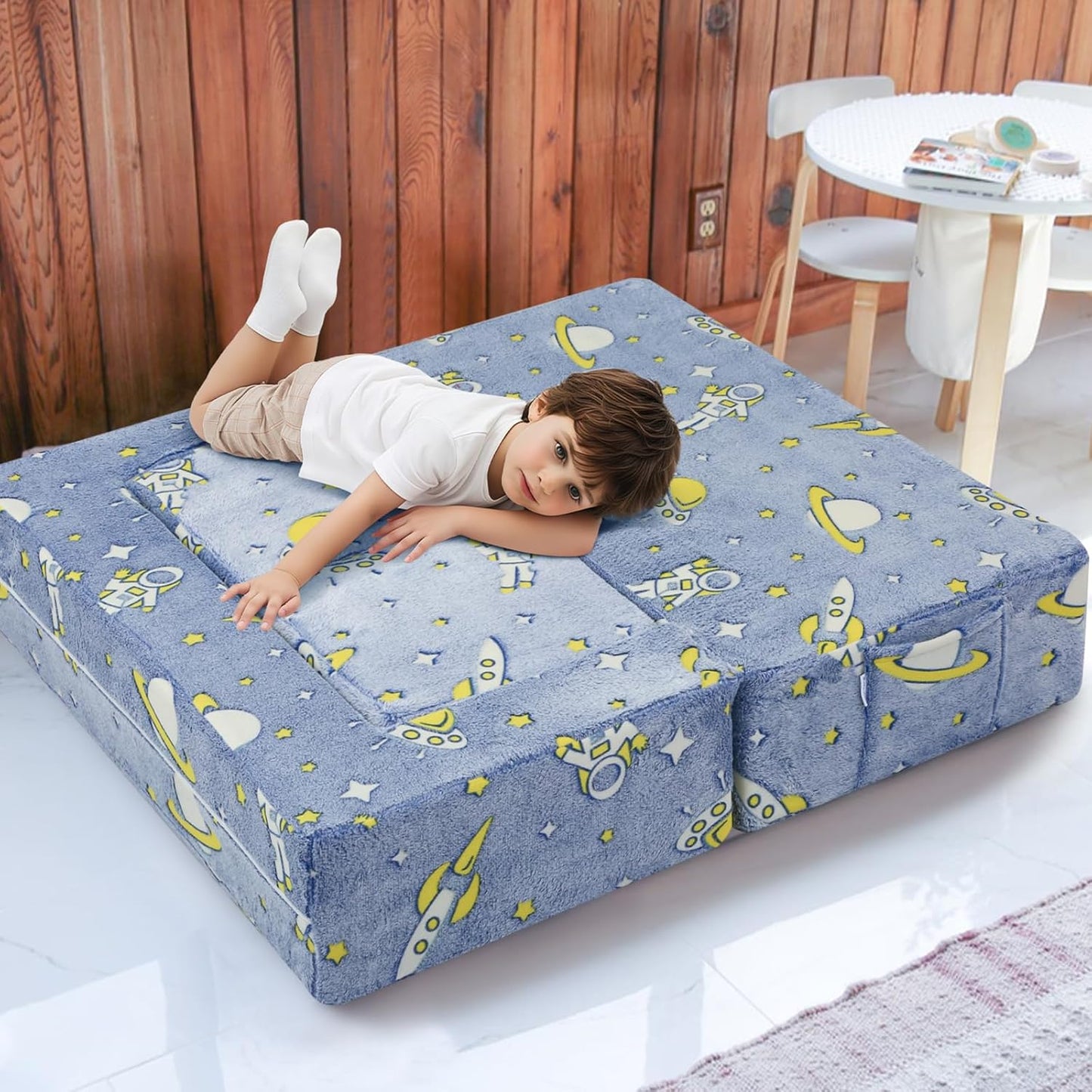 MeMoreCool Modular Kids Couch, Glow Play Toddler Couch for Bedroom Playroom, Convertible Foam Kids Sofa Bed, Fold Out Baby Sofa for Girl Boy, Denim Rocket