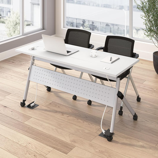 Bush Business Furniture Folding Training Table Set for 2, 60 inch Desk with Powered Grommets and 2 Chairs with Arms, Commercial-Grade Bundle for Office or Classroom, Envision Collection, White