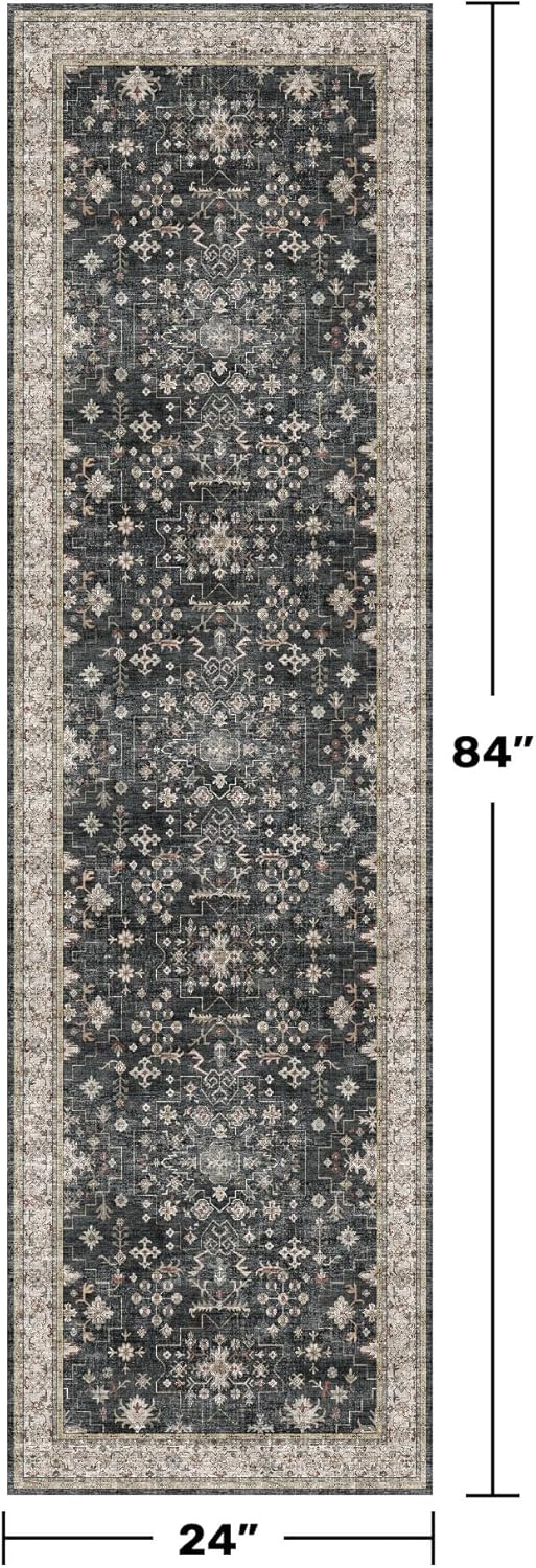 Black 2x7 Long Runner Rugs for Entryway, Throw Runners for Kitchen Hallway, Boho Vintage Floral Decor & Non-Slip Low-Pile Washable Stain Resistant Ashen Charcoal Rug