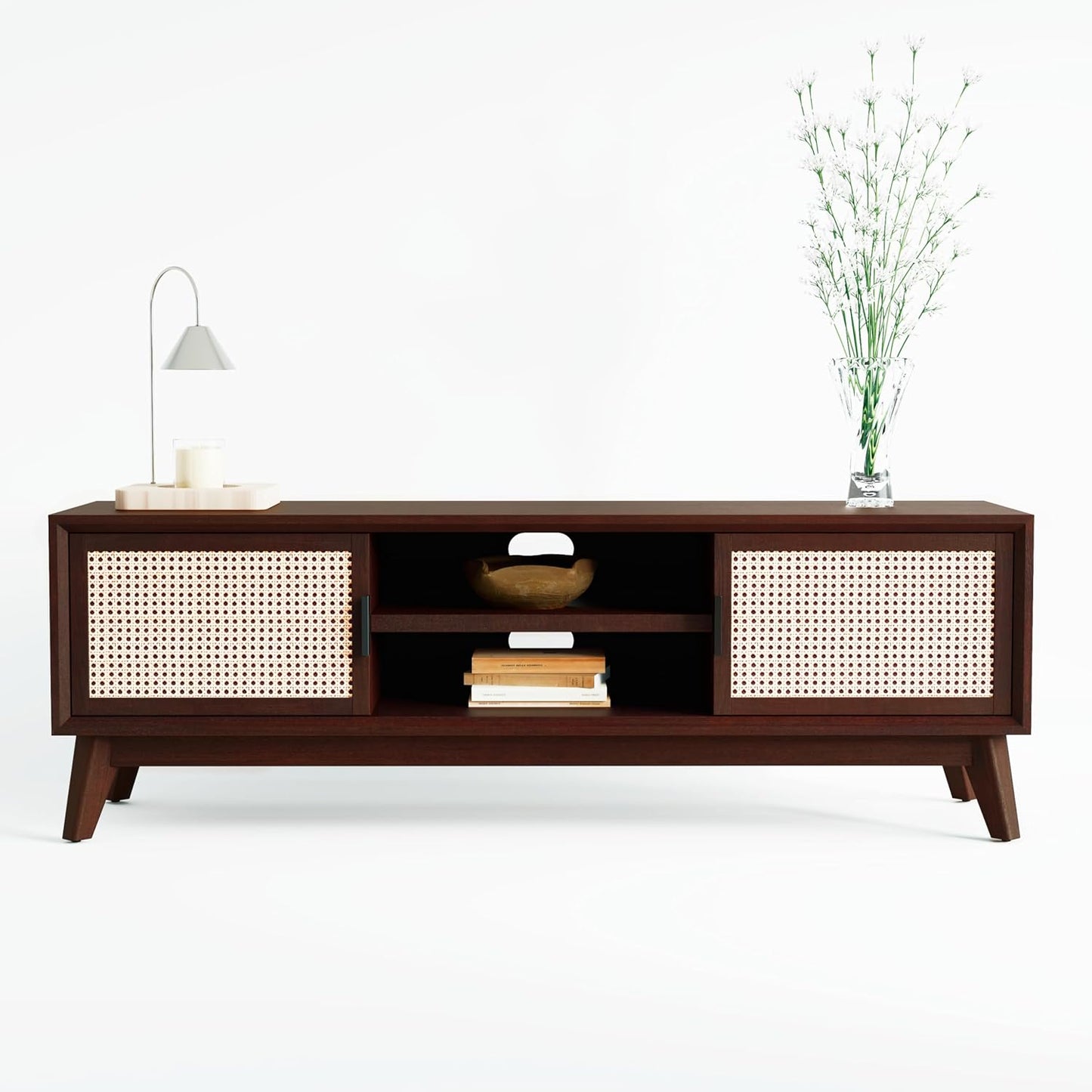 Bme Jasper Premium Solid Wood TV Stand, Under 10 Minutes Assembly (Legs Only), Aesthetic Rattan Doors, Bedroom, 65 inches, 64.6 x 17.7 x 21.65, Media Console - Walnut