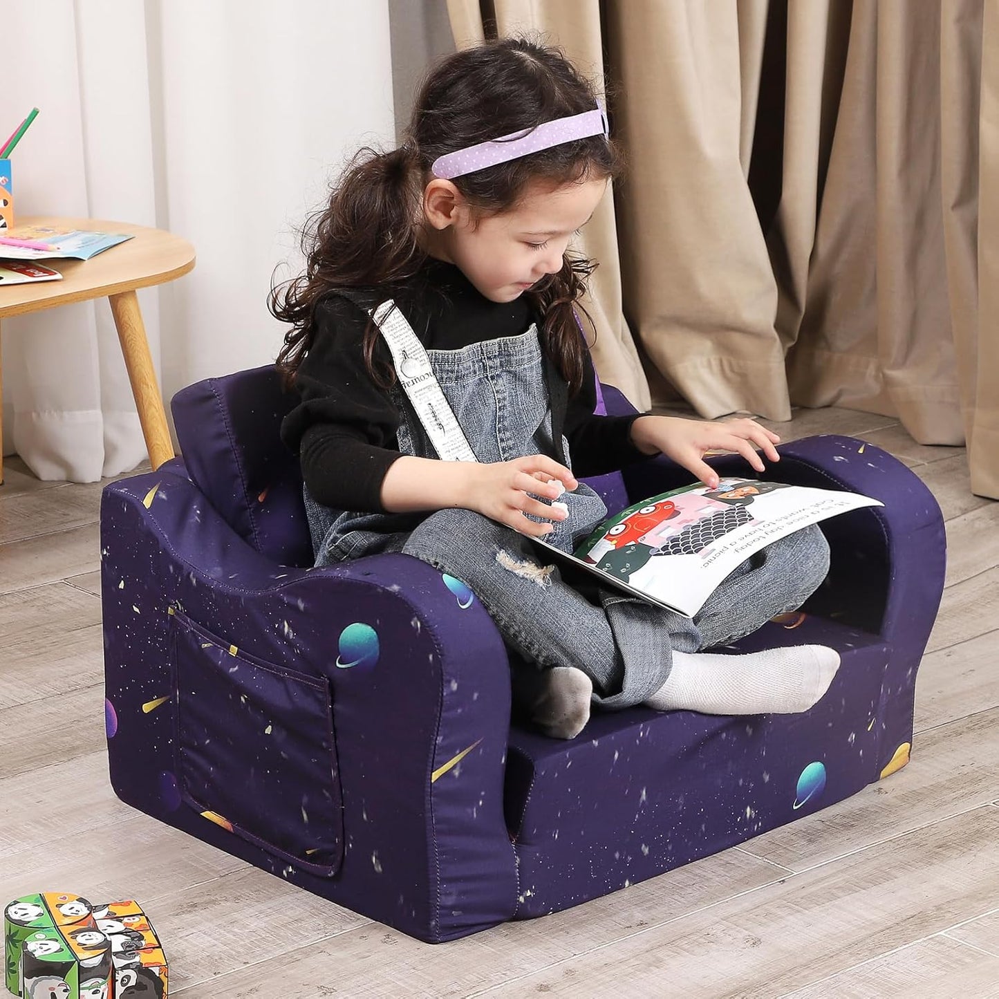 Astronaut Kids Sofa, 2-in-1 Kids Couch Fold Out, Convertible Sofa to Bed for Girls and Boys