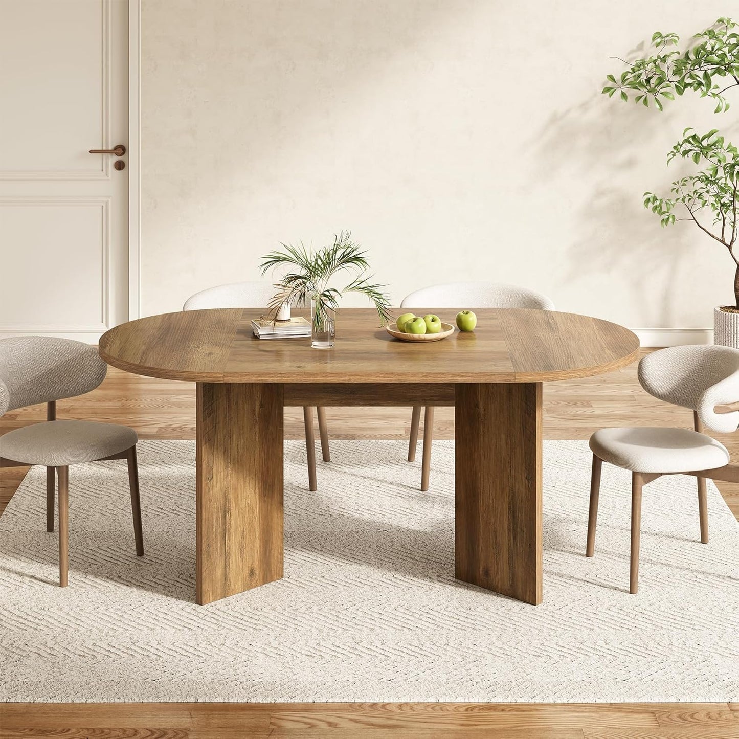 LITTLE TREE 63" Rustic Oval Dining Table for 4-6, Sturdy MDF Farmhouse Kitchen Table with Metal Strip Base, for Living Room, Office, Restaurant, Multi-Use, Umber