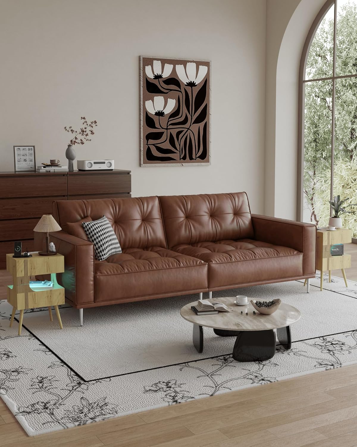 Nightstand with Charging Station and LED Lights,Modern Bedside Table with 2 Storage Drawer,Night Stand with Solid Wood Legs,White (Oak)