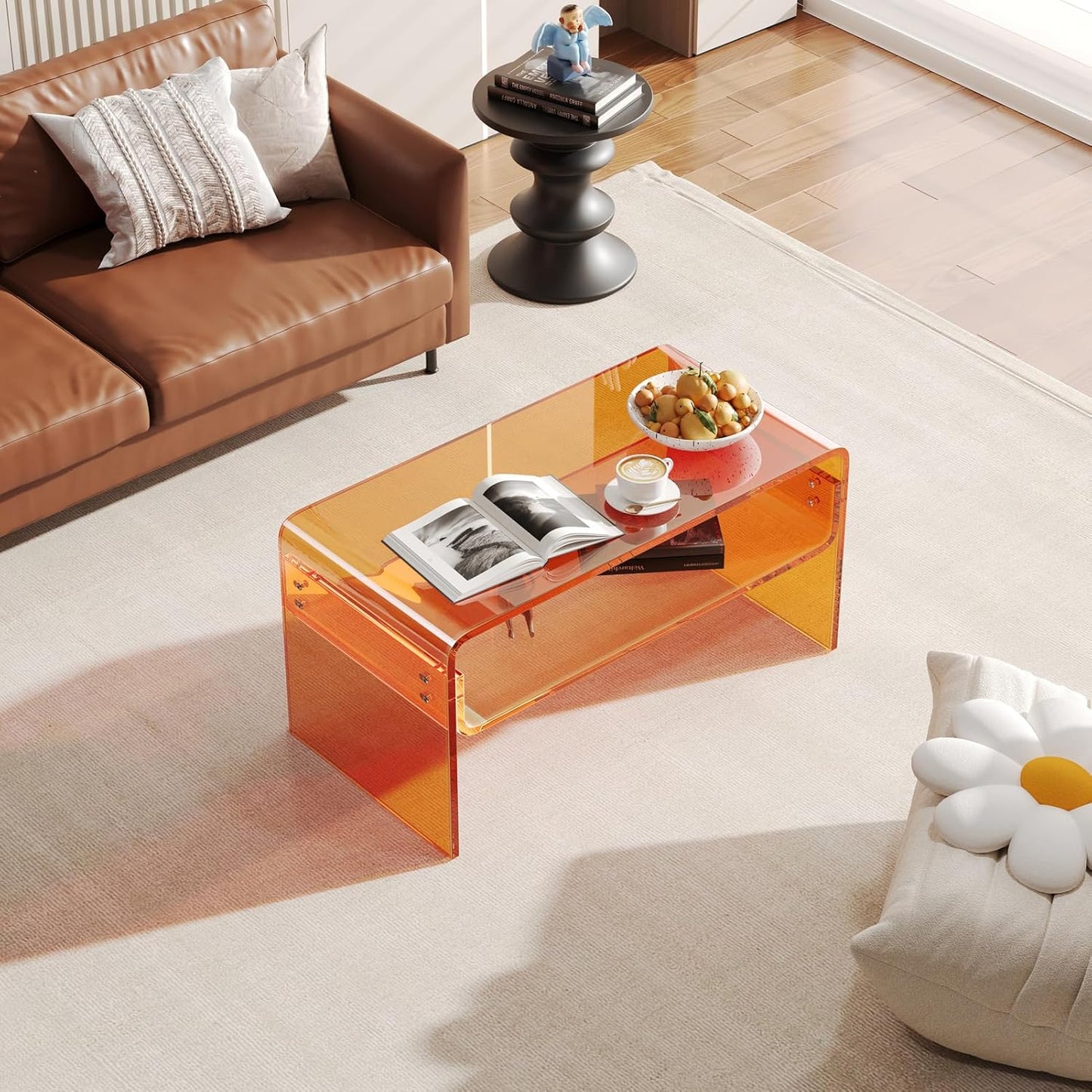 Acrylic Coffee Table, Orange Rectangle Acrylic Side Table Furniture, Modern Tea Table with Open Storage, Acrylic End Table for Living Room, Office Reception and Bedroom