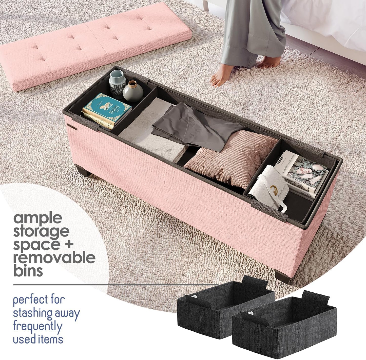 STORAGEBUD Storage Ottoman Bench with Bins, 43-in Storage Bench for Bedroom End of Bed, Folding Foot Rest Ottoman for Living Room Max 660lbs, Fabric Ottomans, Pink