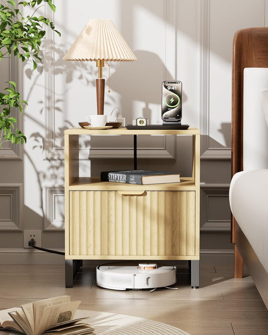 Fluted Night Stand with Charging Station, Wood Nightstand with Large Drawer and Open Storage Cabinet, Mid-Century Modern Bedside Table End Table for Bedroom Closet Office