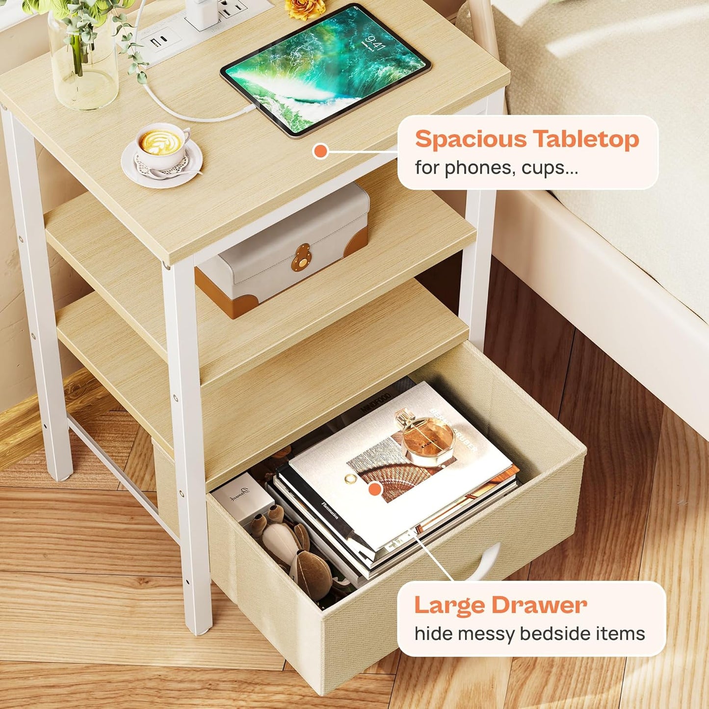 SUPERJARE Nightstand with Charging Station, Bed Side Table with Adjustable Fabric Drawer, Night Stand for Bedroom, 3-Tier Storage End Table, for Living Room, White Maple