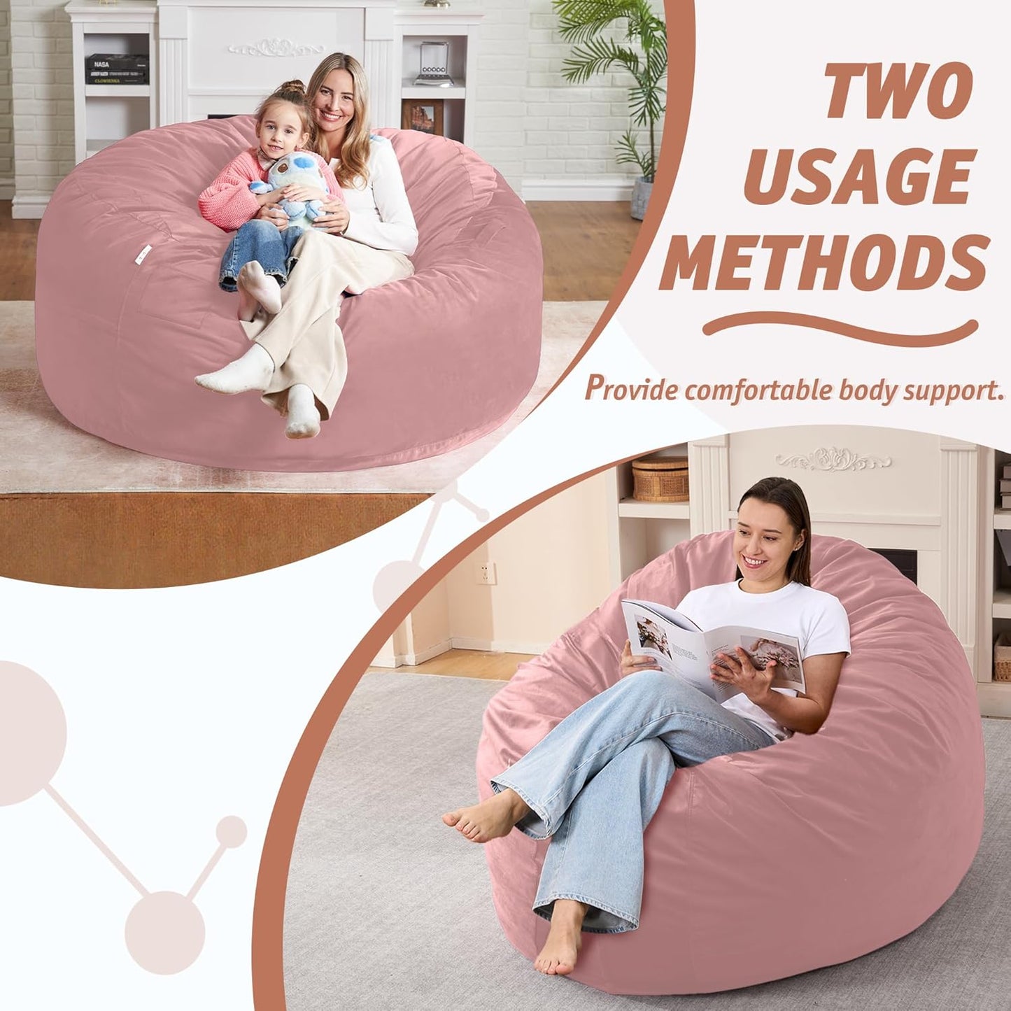 5FT Bean Bag Chair with Ultra Soft Velvet Cover Bean Bag Sofa with Memory Foam Bean Bag Chairs with Large Size Lazy Sofa for Dorm Office Living Room Bedroom Dusty Pink 5'