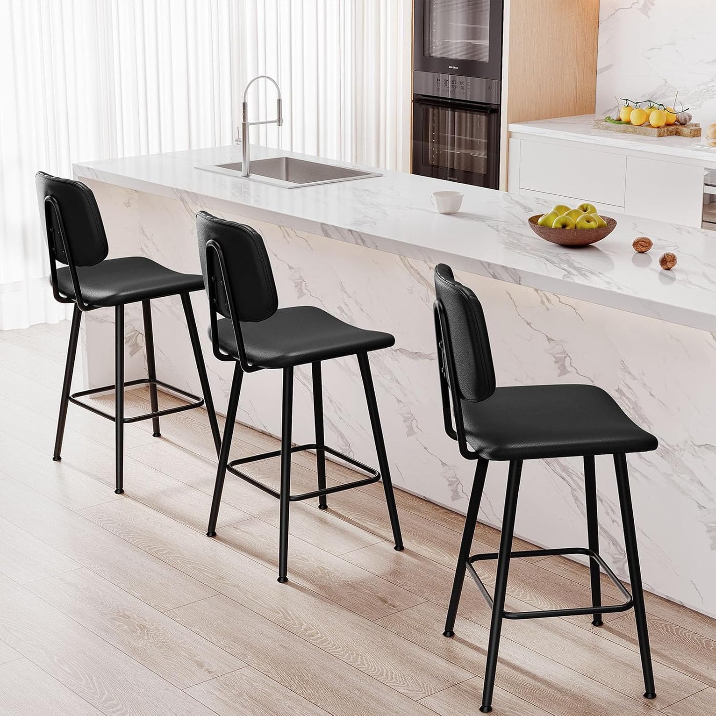 24-Inch Leather Bar Stools Set of 3, Counter Height Barstools with High Backrest，Bar Chairs for Kitchen Island with Heavy Duty Metal Legs, Black
