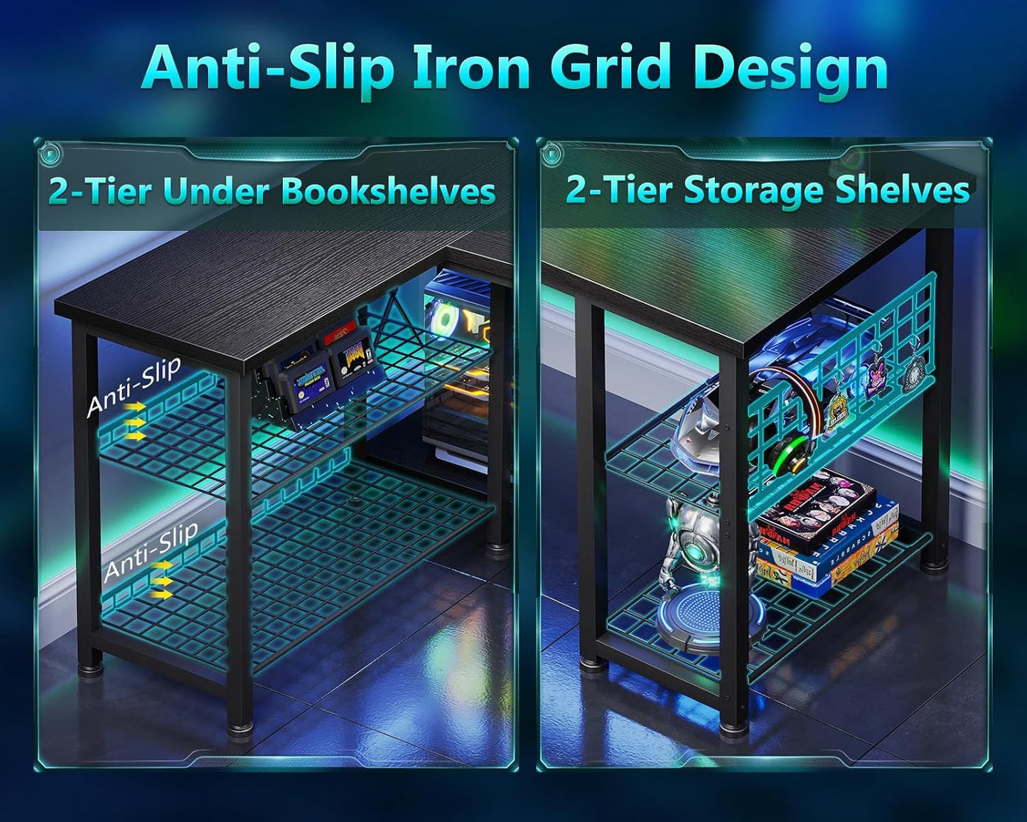 Casaottima 51 Inch L Shaped Gaming Desk with Shelves & Power Outlets, Reversible Computer Desk with Storage Shelves for Home Office, Black