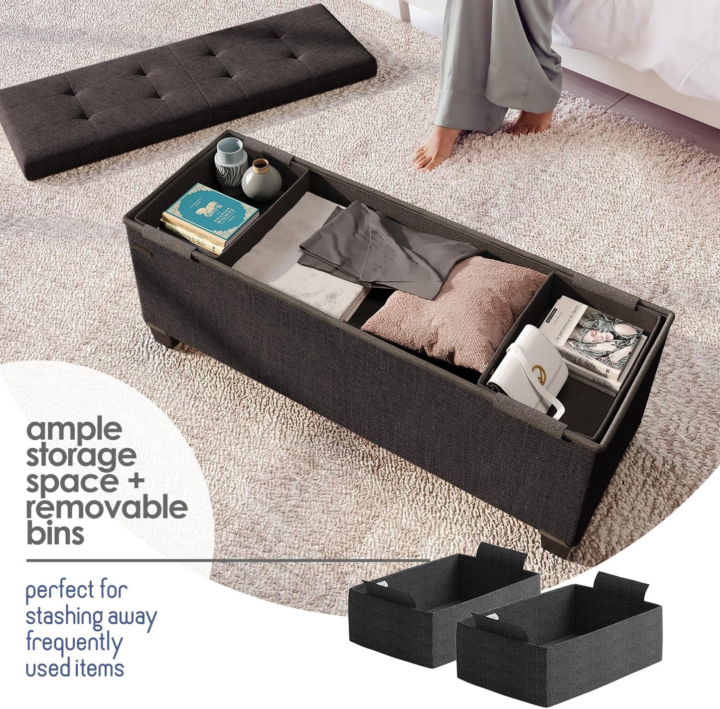 STORAGEBUD Storage Ottoman Bench with Bins, 43-in Storage Bench for Bedroom End of Bed, Folding Foot Rest Ottoman for Living Room Max 660lbs, Fabric Ottomans, Black
