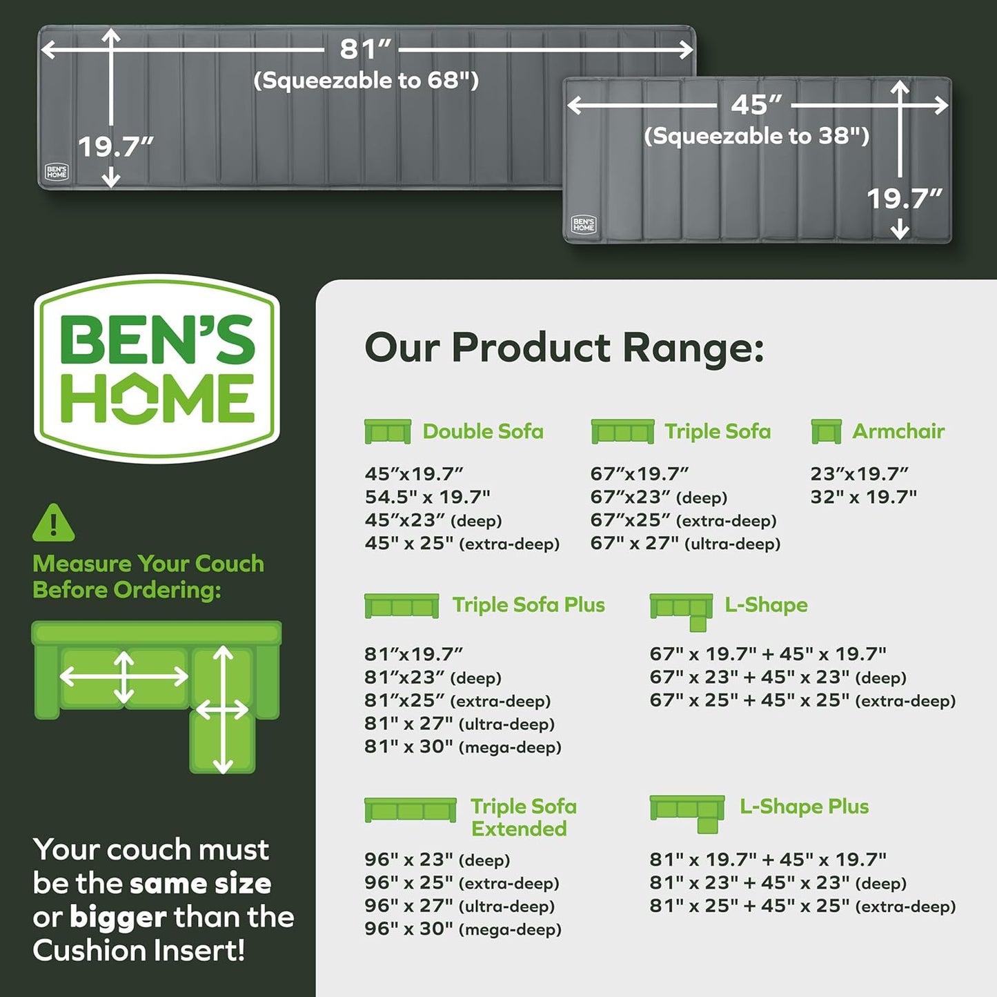 BEN'SHOME® Sectional Couch Cushion Support for fix Sagging Seats - Heavy Duty Solid .5" Wood Sofa Support Board | 81" x 19.7" + 45" x 19.7" Under Cushion Insert Set | Non-Slip | 400 LB Capacity Each