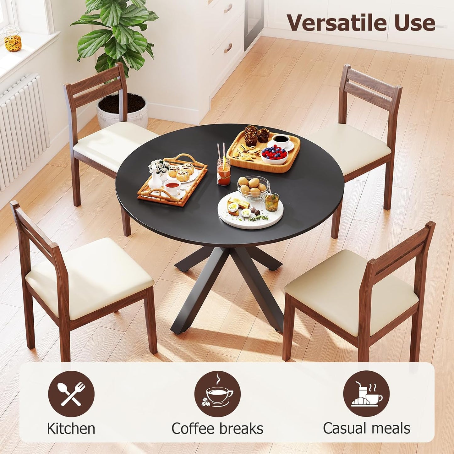 Round Dining Table, 42" Kitchen Dining Table for 4-6, Small Round Table with Metal Cross Legs, Modern Round Dining Room Table for Kitchen, Apartment, Living Room, Black